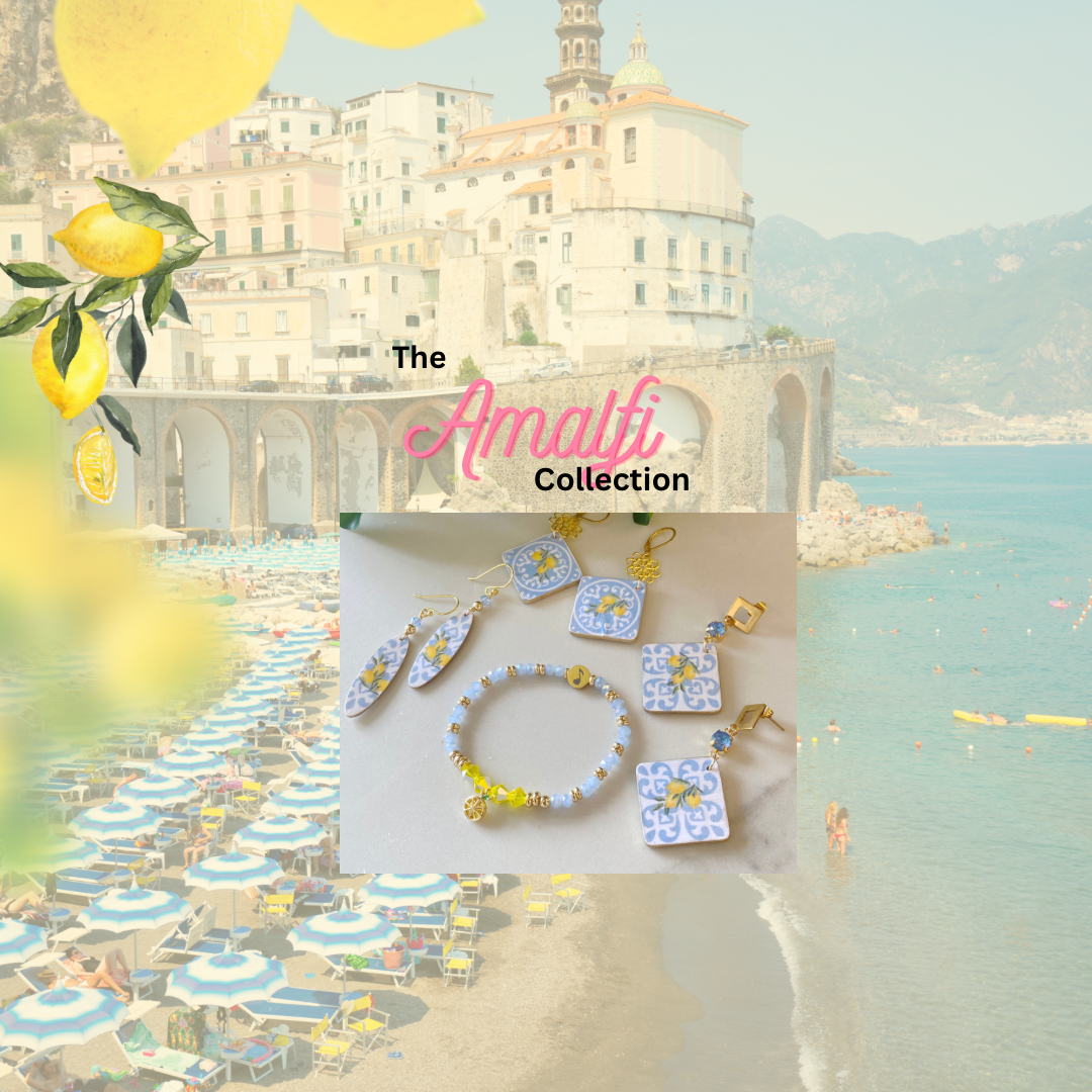 Amalfi collection features a backdrop picture of the amalfi coast with rows of striped umbrellas and blue waters of Amalfi Coastline, and also has a snall picture of a few of the sections for sale of jewelry