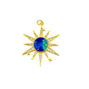 picture against a white background of a gold starburst charm, the points are all different sizes and have cz stones set in each pioint. The center is a blue green enamel color and a little sparkly.