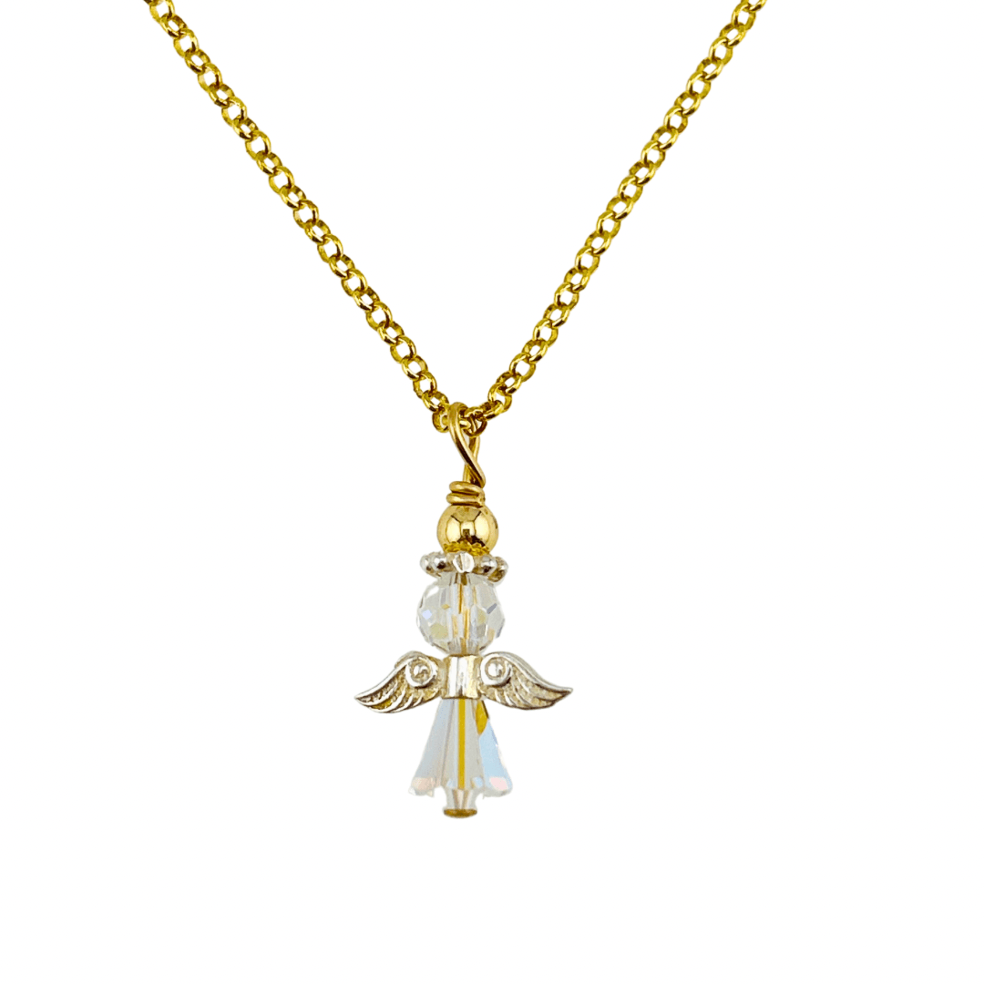 "Angelina" Clear Crystal Angel Necklace in Gold