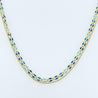 Picture of a two layer style chain, one layer is a open link style with enamel colors of light blue, medium blue and dark blue. the second chain is a tiny beaded style chain.