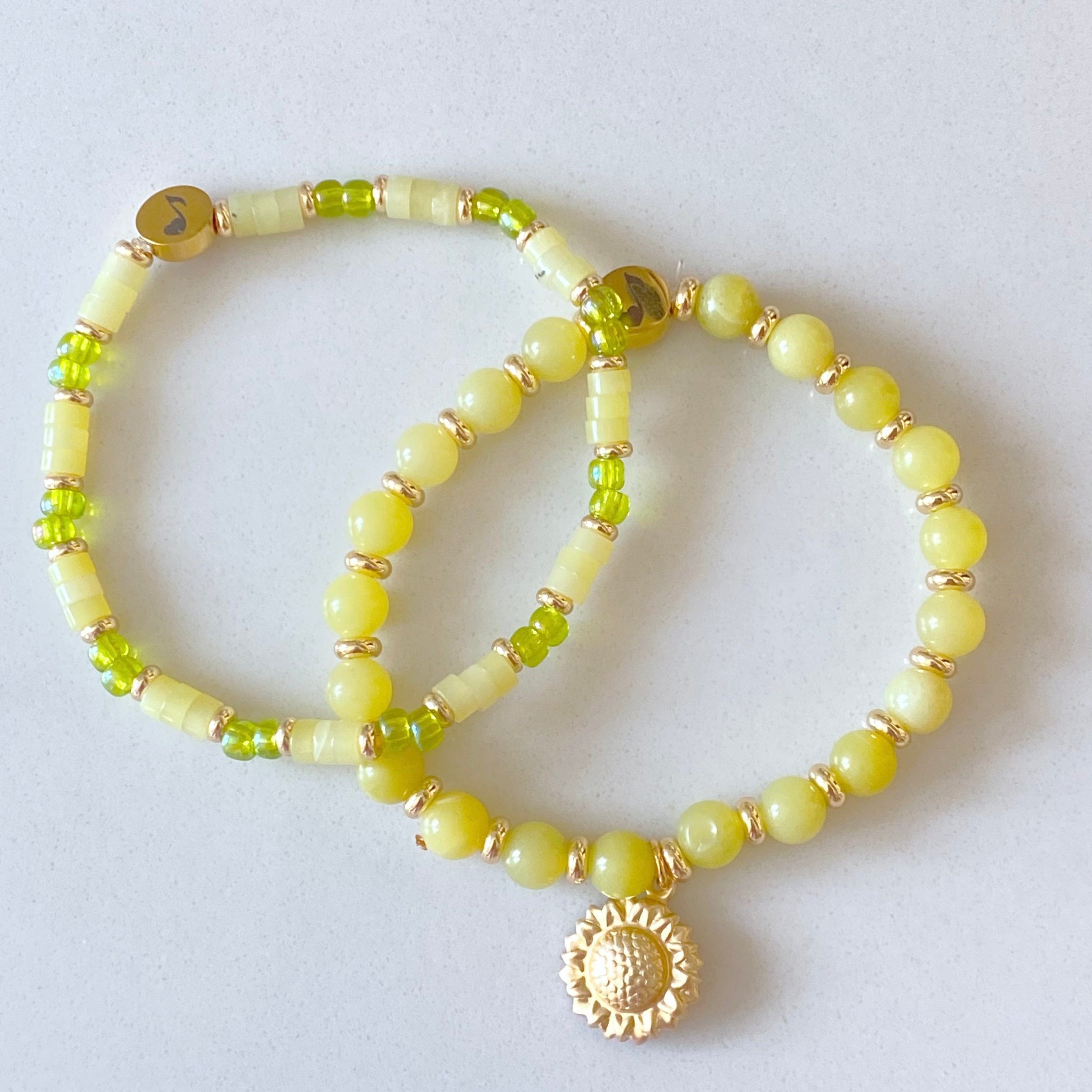 Lemon Jade Bracelet Set with Sunflower Charm