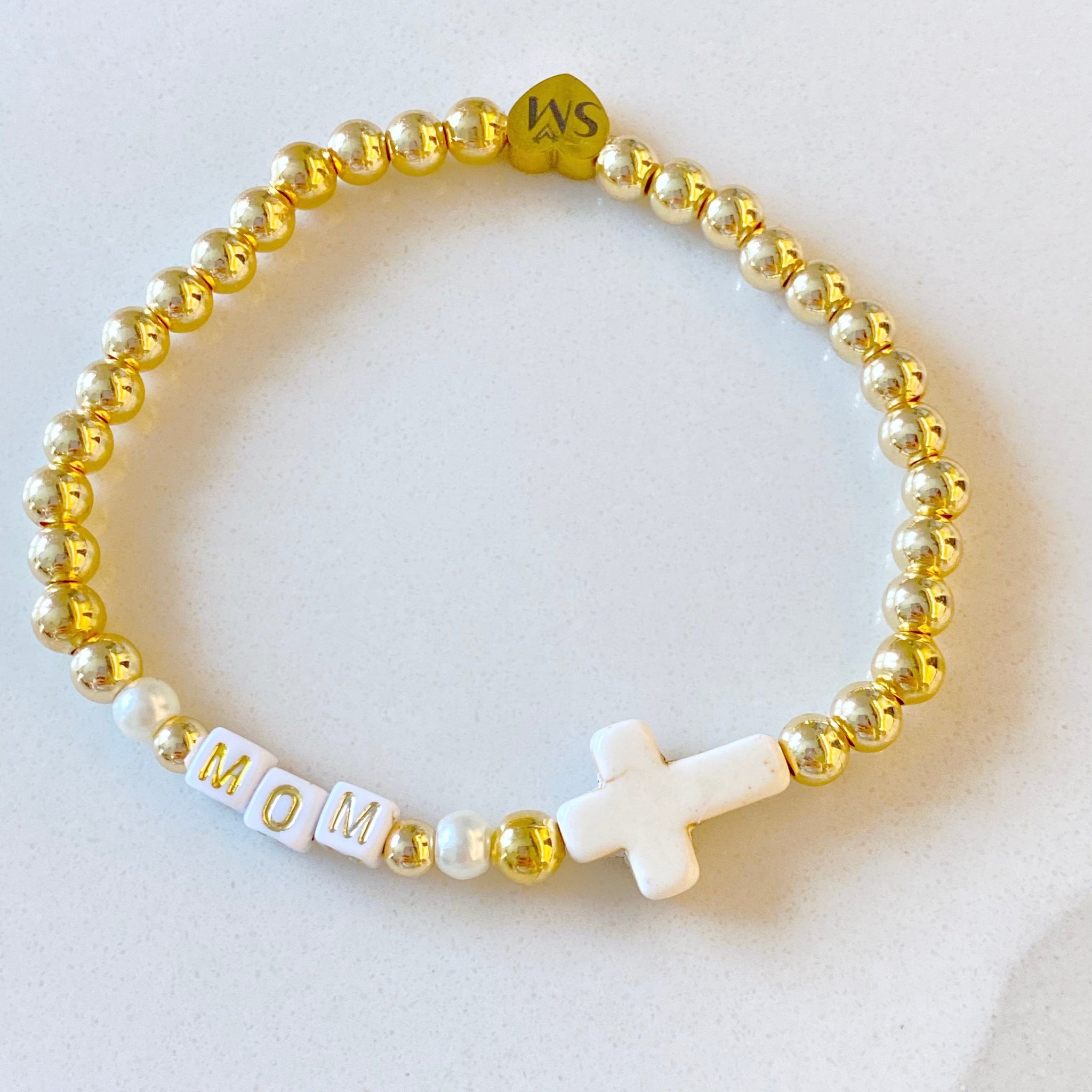 "Mom"/Name Bead Bracelet with Cross