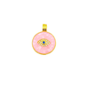 Gold circular charm on a white background, the charm is mosaic mother of pearl with a eye sitting in the center of the charm. Eye is set with cz stones and and a blue cz stone for the iris.