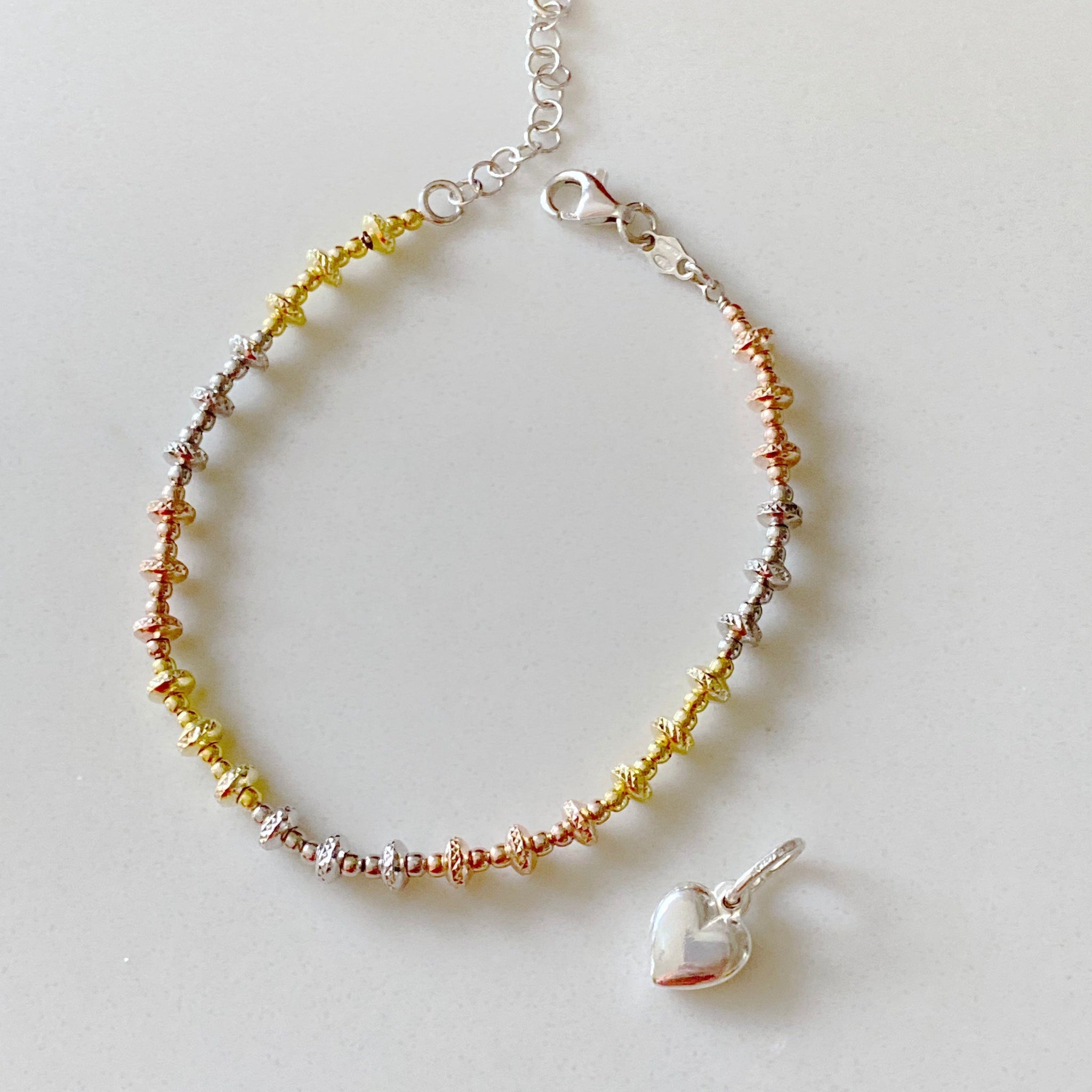 Tri Color Faceted Bead Bracelet with Removable Heart Charm