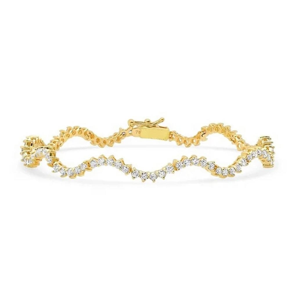 white background and photo of a tennis style bracelet with 3 prong style a, round cz stones and in a wavy style.
