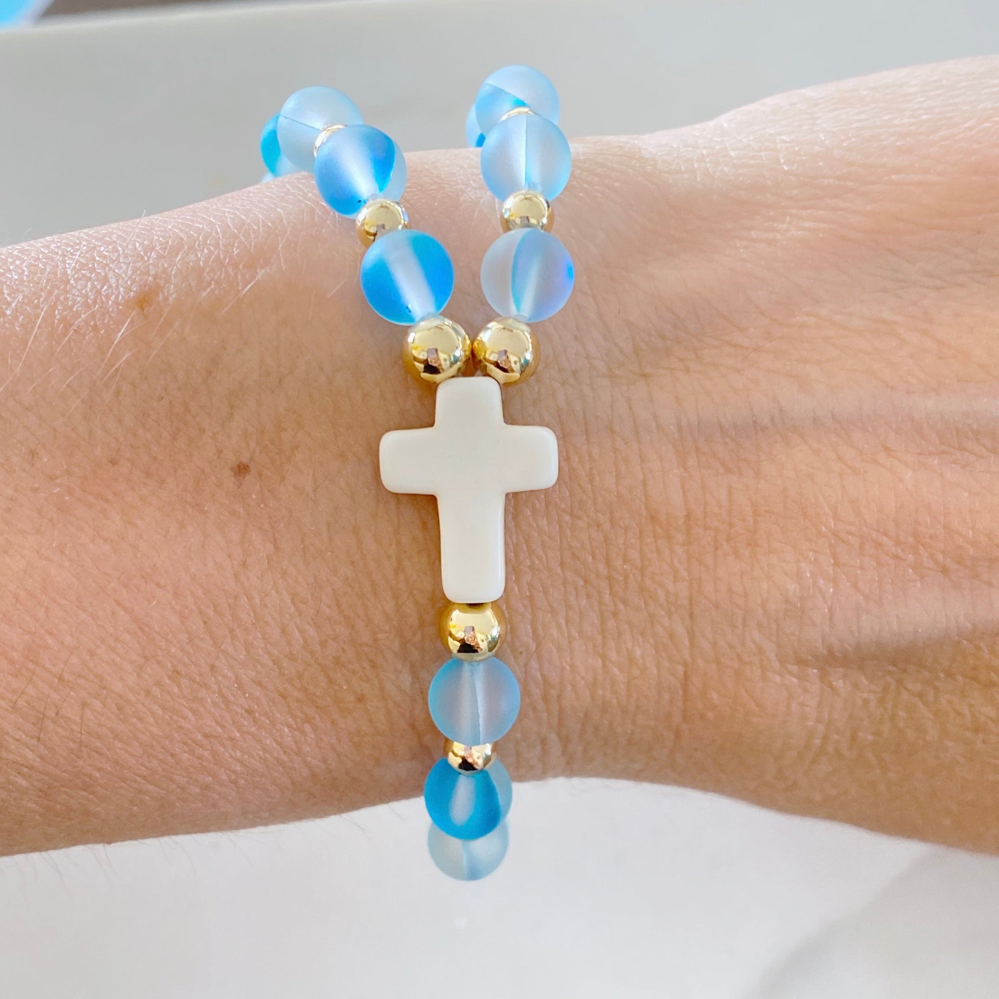 Rosary Style Beaded Cross Stretch Bracelet