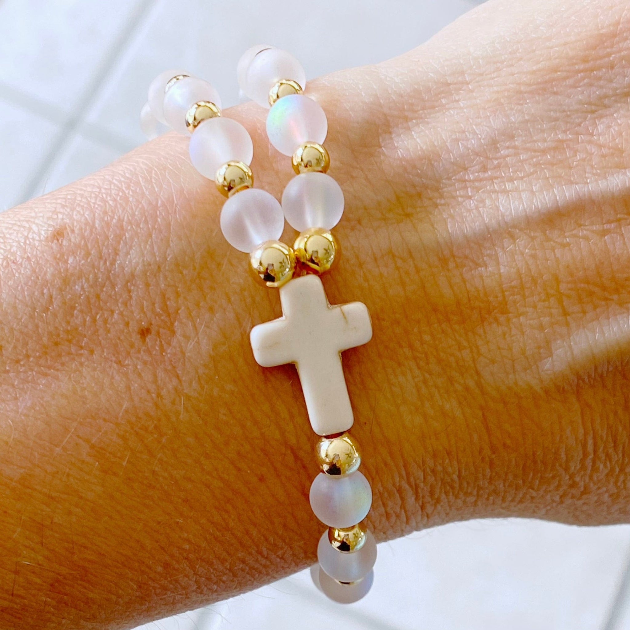 Rosary Style Beaded Cross Stretch Bracelet