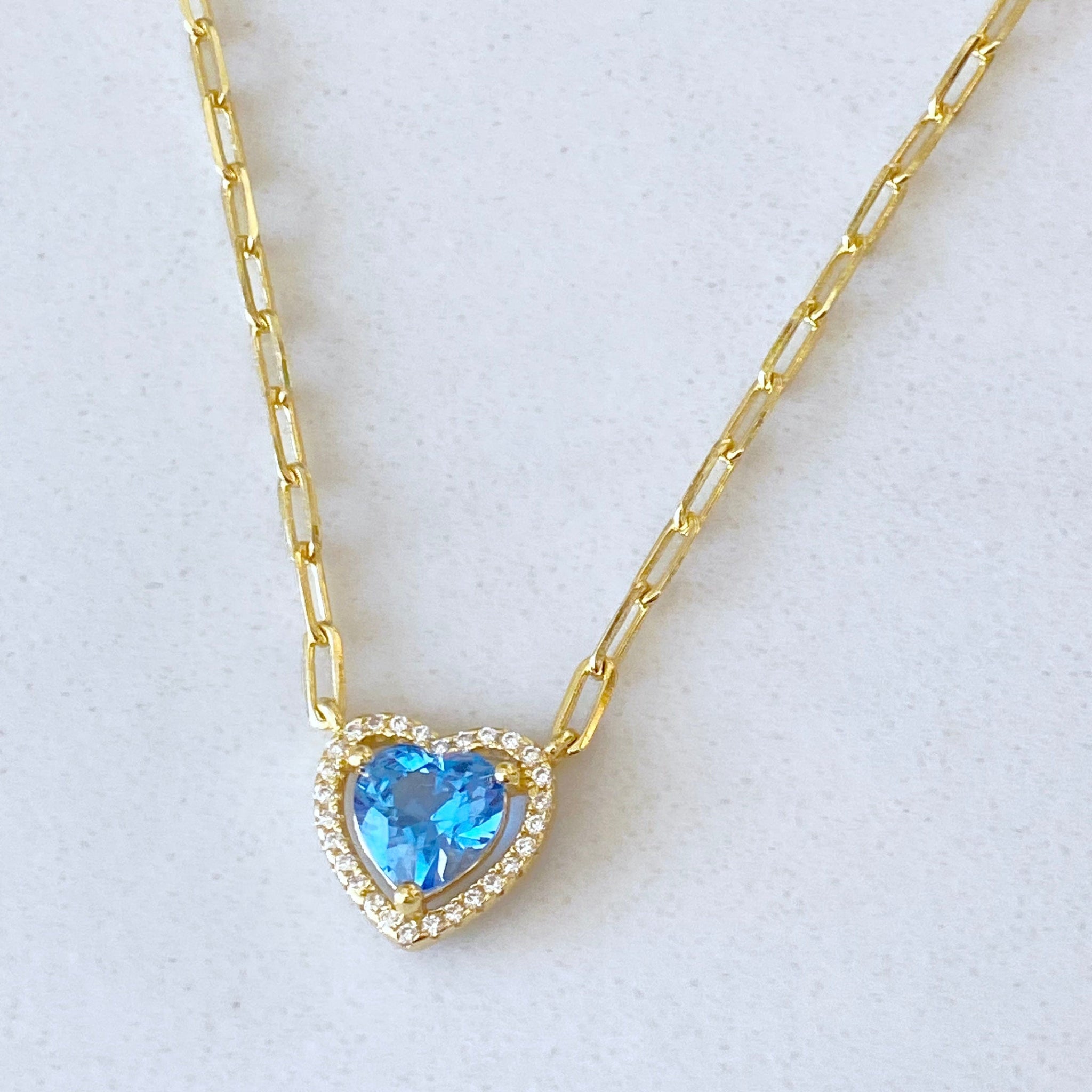 Blue CZ Halo Heart Pendant Necklace