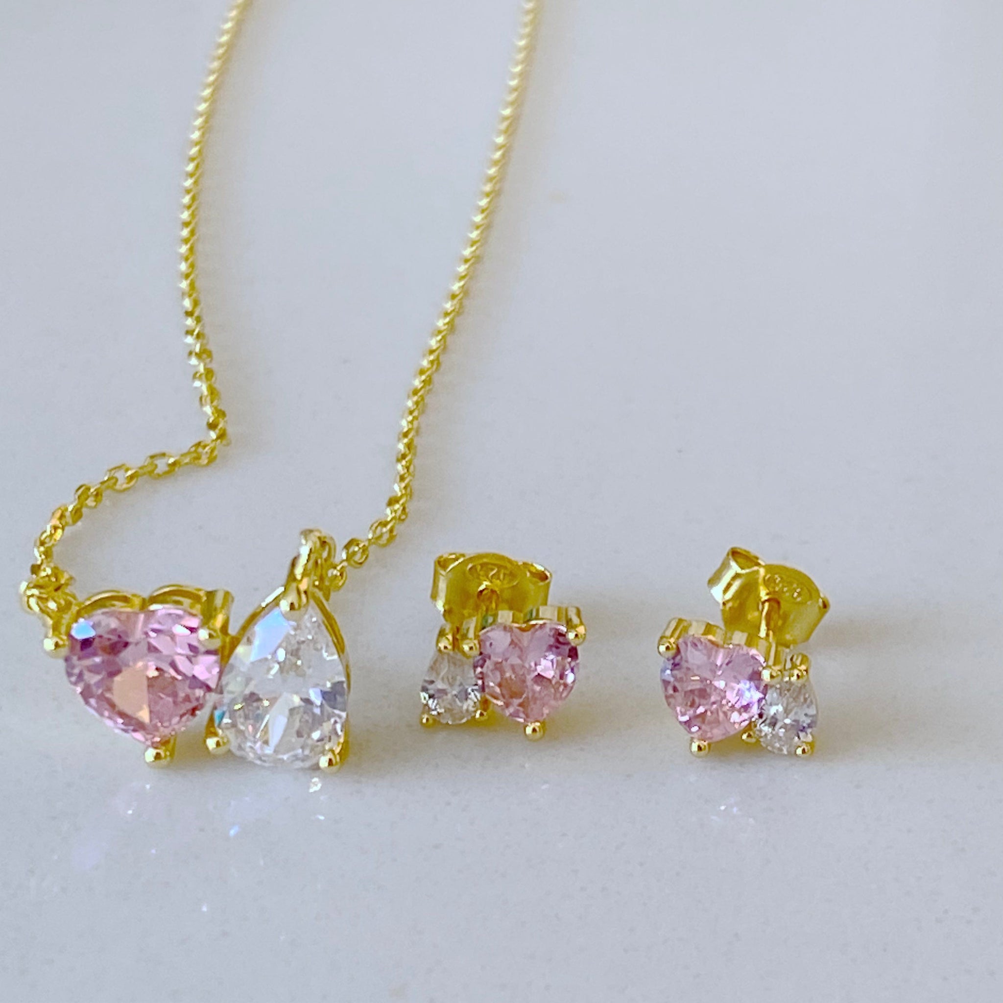 "Pink Ice" Heart & Pear Pendant Necklace/Stud Earrings Set