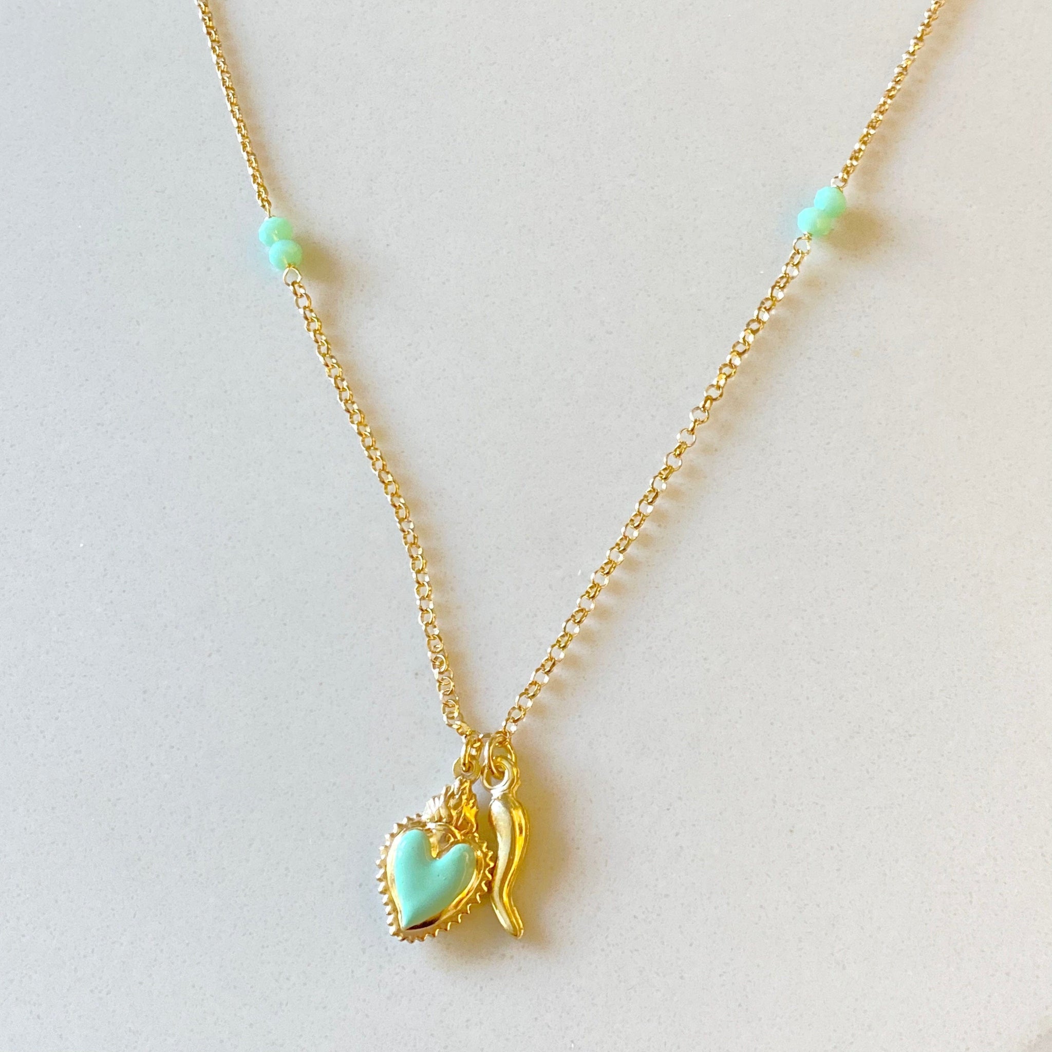 Sacred Heart & Mini Cornicello Necklace( Light Aqua)